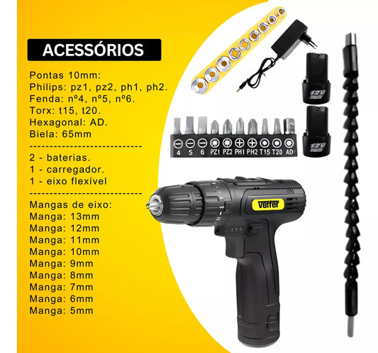 Kit Ferramentas Completo 129pc + Parafusadeira 2 Bateria 12v