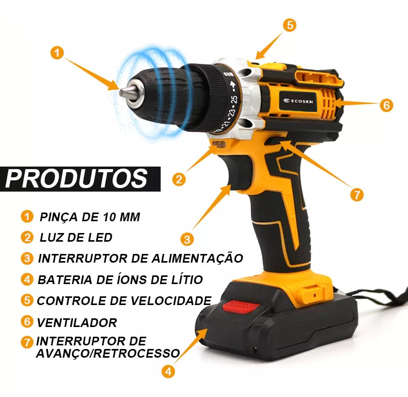 Furadeira Elétrica Recarregável 21V – Acompanha Chave de Fenda e 2 Baterias