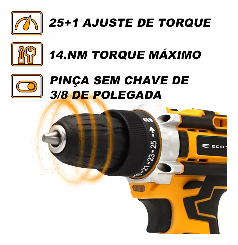 Furadeira Elétrica Recarregável 21V – Acompanha Chave de Fenda e 2 Baterias